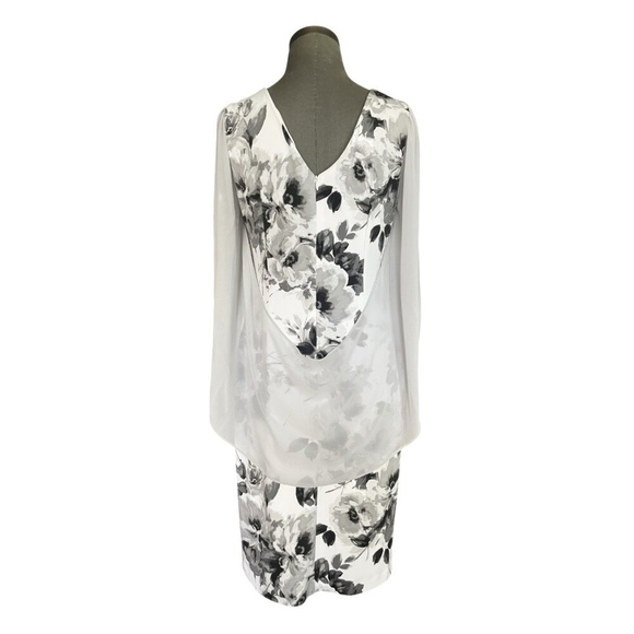 $258 Joseph Ribkoff White Grey Floral Cape Shoulder Dress Women’s Size 10 - Picture 7 of 9